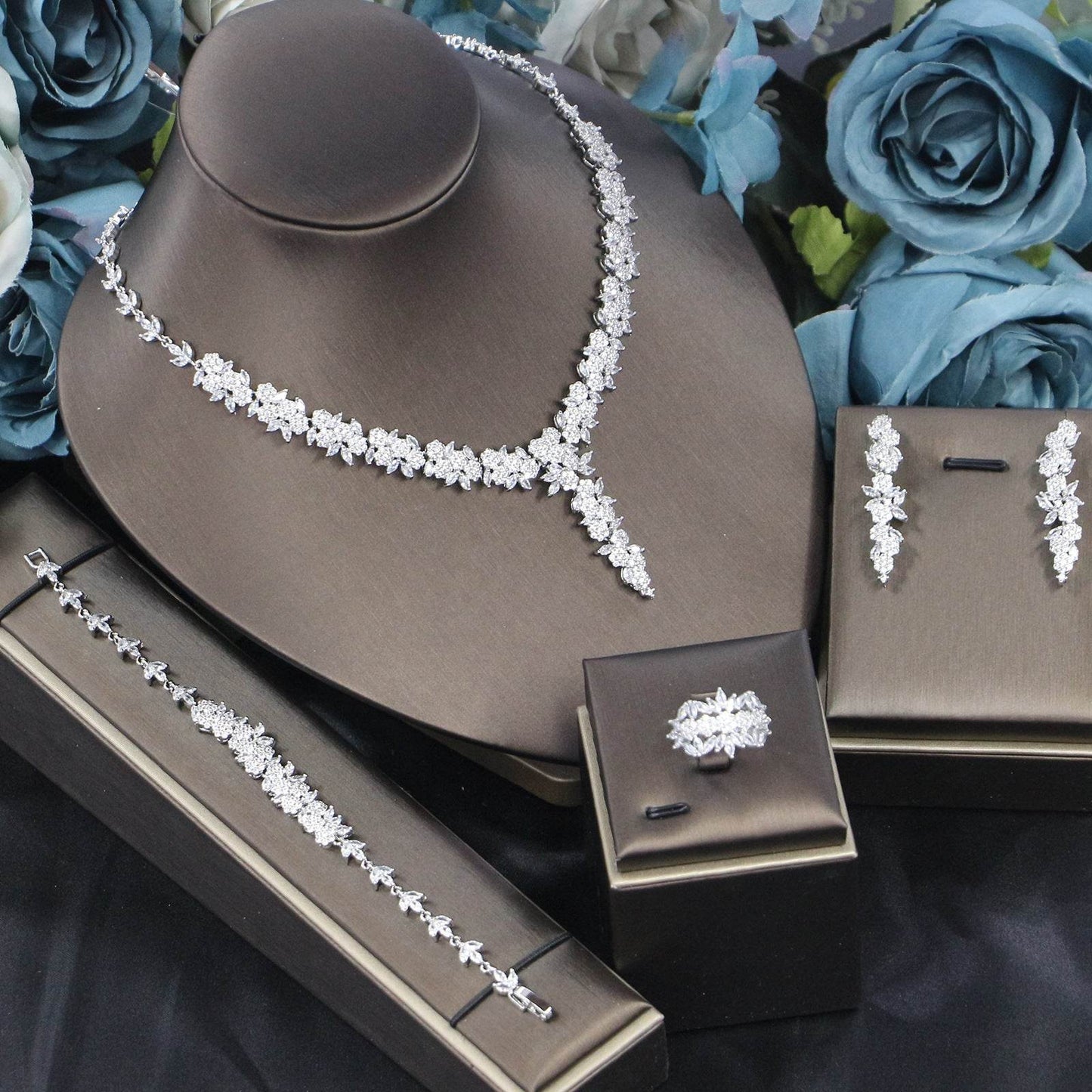 Elegant Rose Zircon Bridal Jewelry Set – 4-Piece Wedding & Evening Fashion jewelry set Distinguished Fine Apparel