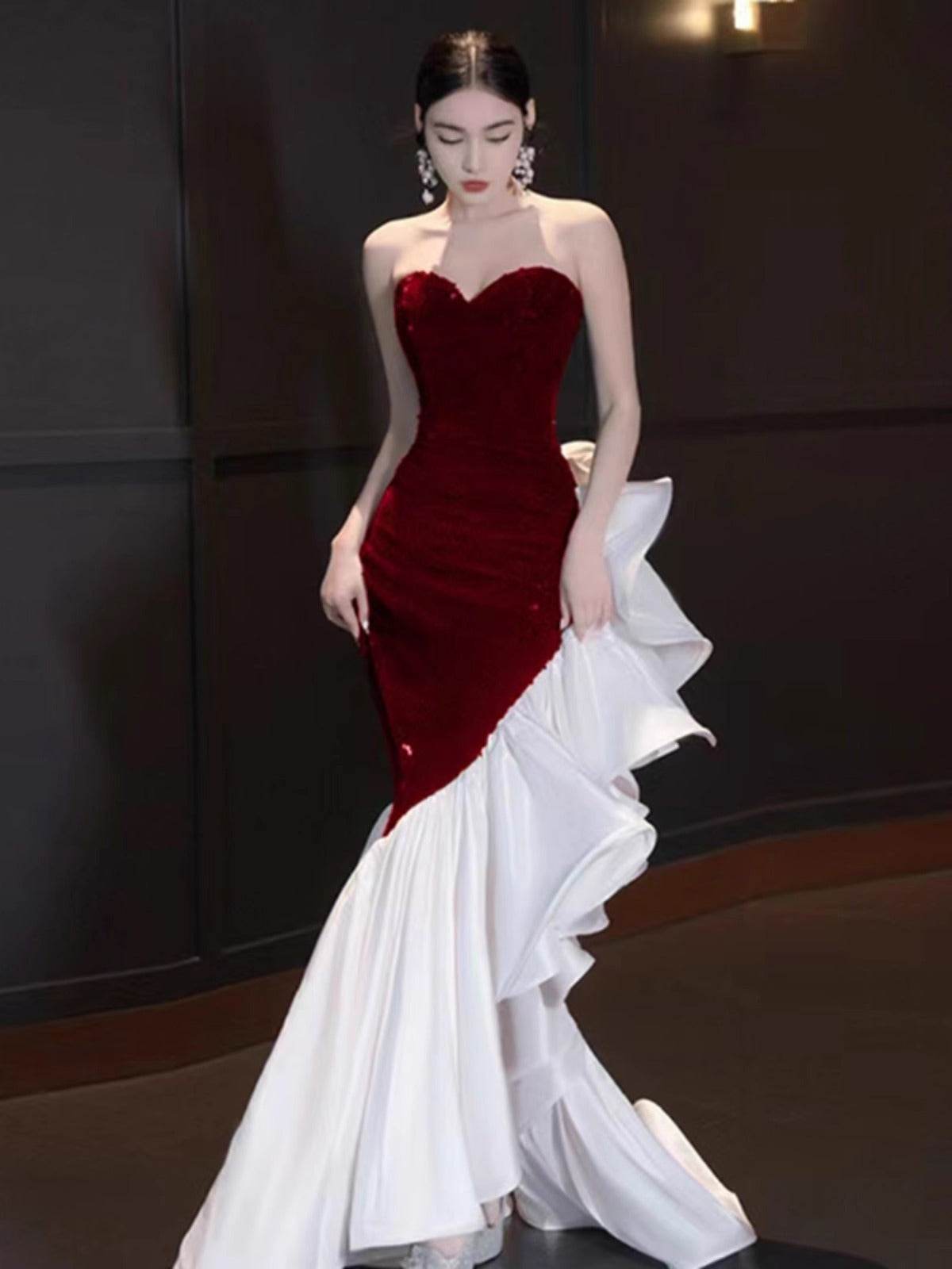 Sophisticated ladies Black and White Evening Gown - Opulent Elegance black white gown Distinguished Fine Apparel Wine Red L