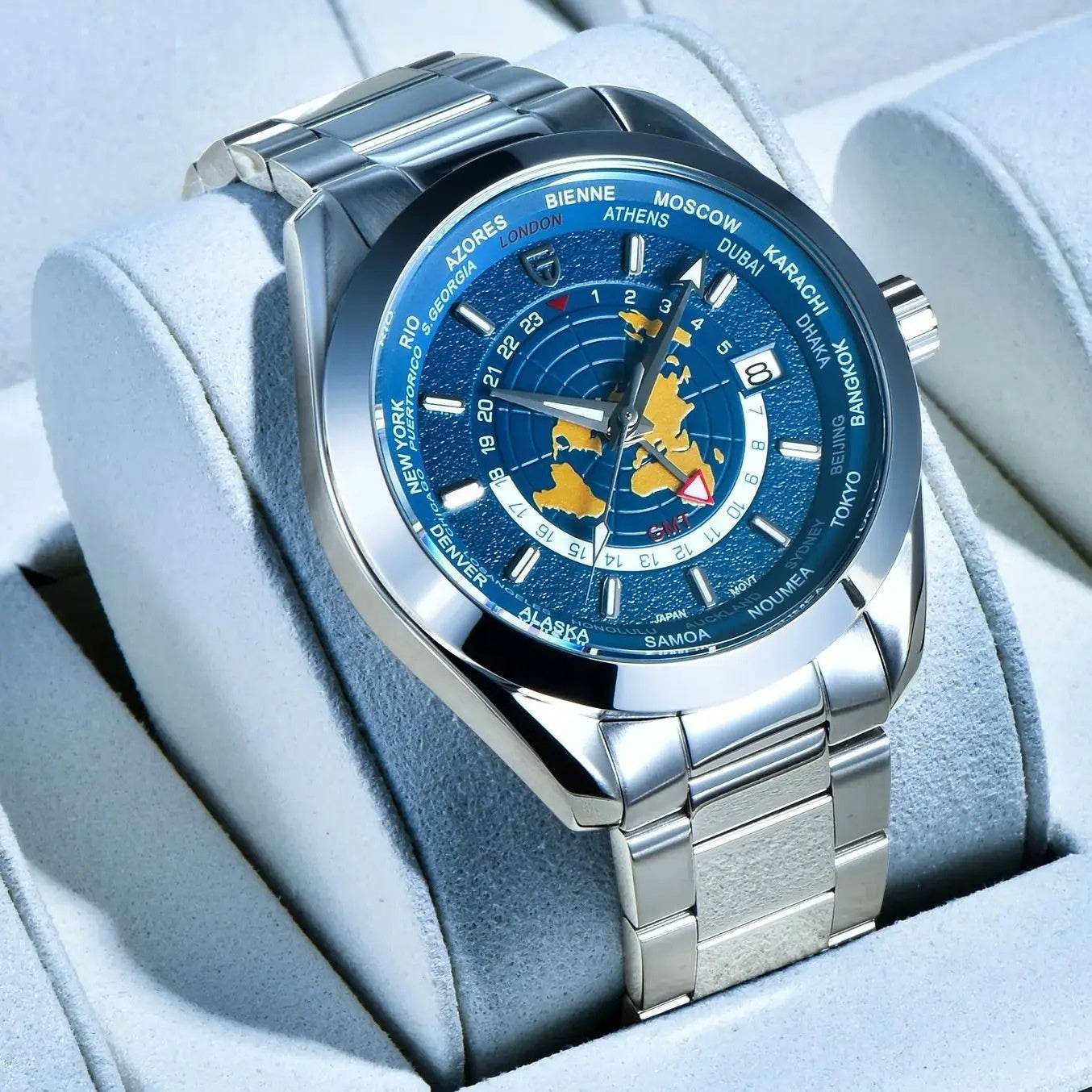 Men's Multifunctional Mechanical GMT Dual Time Zone Luminous Waterproof Watch gents watches Distinguished Fine Apparel