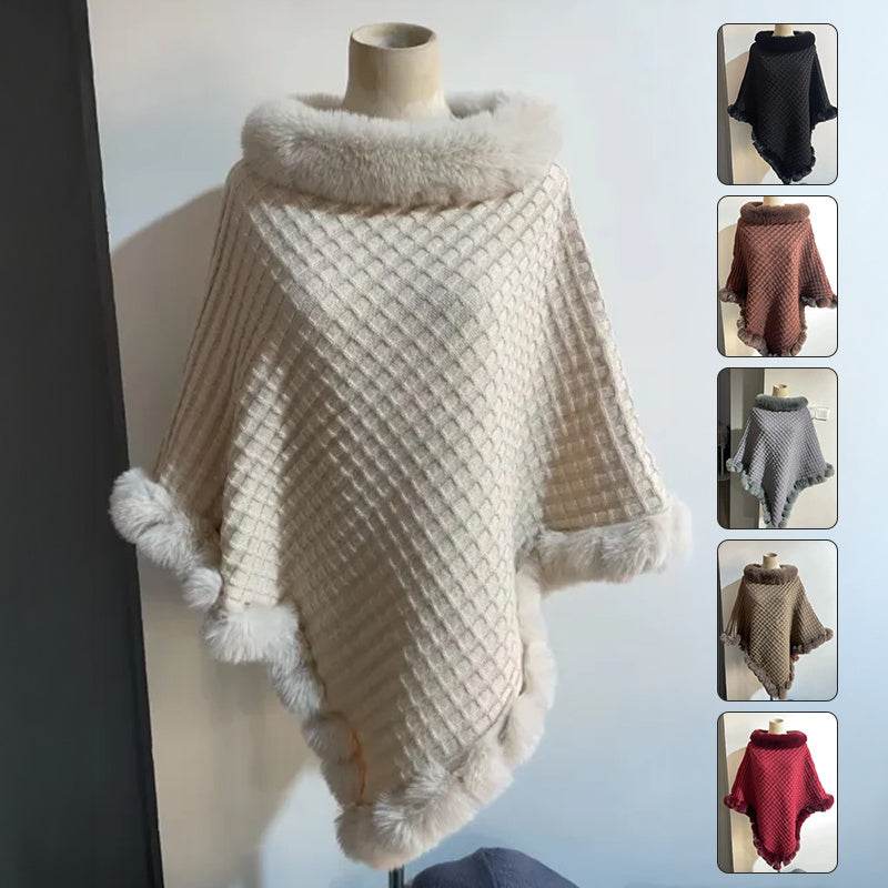 Women's Shawl Cape Luxury Rabbit Fur Collar - Graceful Cloak Outerwear lady's shawl Distinguished Fine Apparel