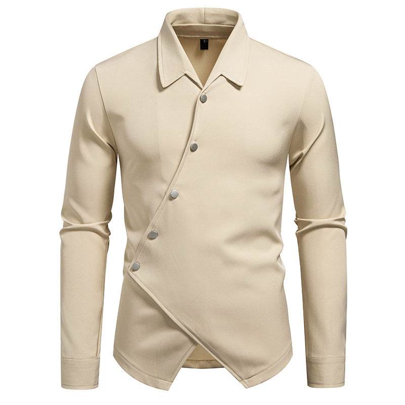 New High-end Men's Trendy Design Ruan Handsome Oblique Placket Shirt mens shirt Distinguished Fine Apparel Khaki S