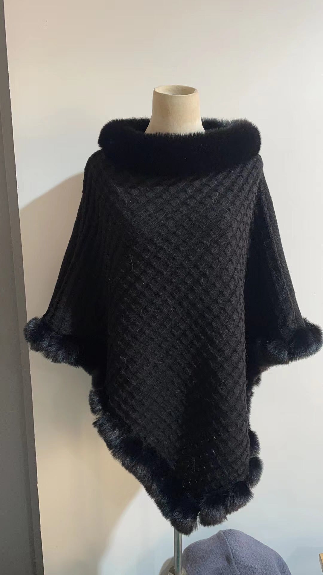 Women's Shawl Cape Luxury Rabbit Fur Collar - Graceful Cloak Outerwear lady's shawl Distinguished Fine Apparel Black