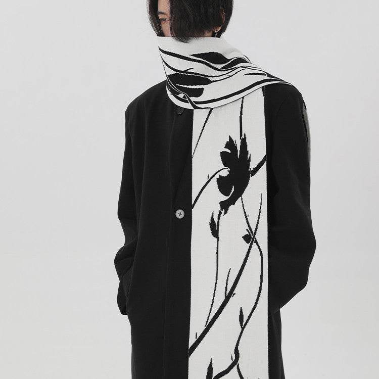Original Hand-painted Black And White Thorn Rose Winter Scarf - Warmer Angora Skaf Distinguished Fine Apparel