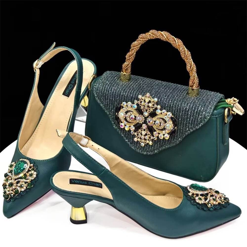 French Chic Sling-back Heels & Bag Set – Pointed Toe Elegance for Everyday Style ladys foot wear Distinguished Fine Apparel Dark Green 37