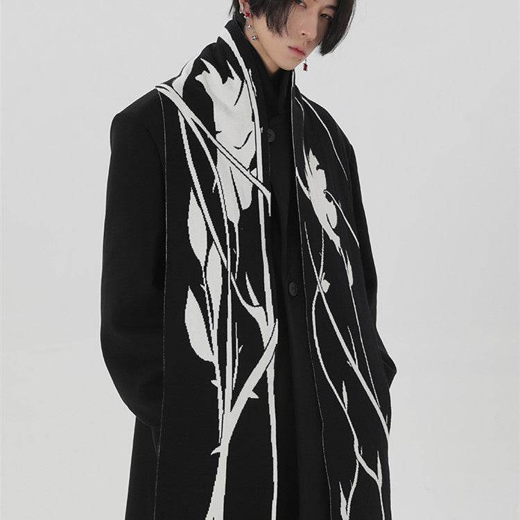 Original Hand-painted Black And White Thorn Rose Winter Scarf - Warmer Angora Skaf Distinguished Fine Apparel