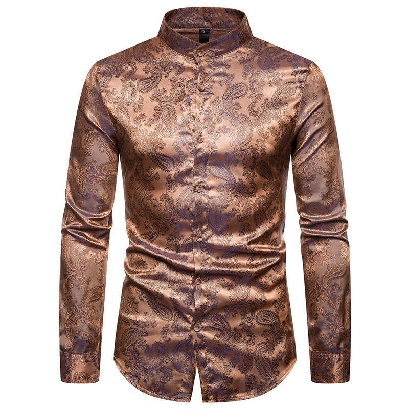 Men's Long Sleeved Shirt - High-end Cashew Flower Lapel Design Men's Shirts Distinguished Fine Apparel Gold 2XL
