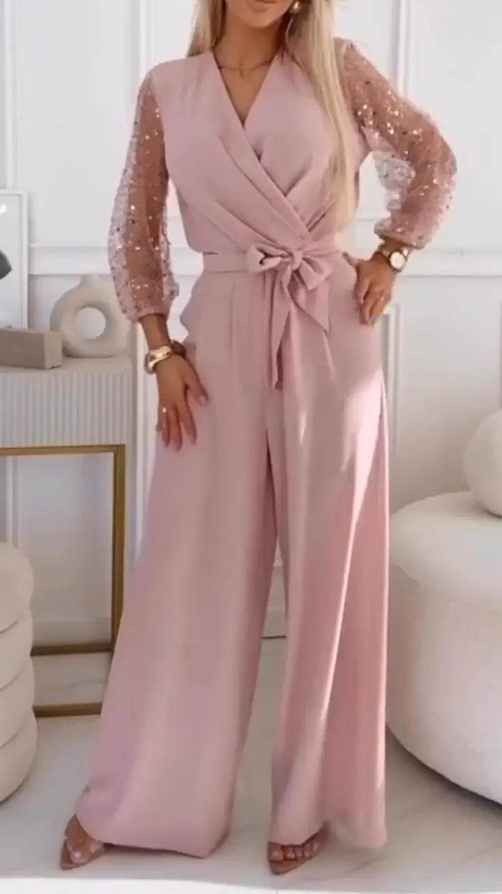 Sequined Top Wide Leg Pants Casual Suit for Women's Elegant Look ladys suit Distinguished Fine Apparel Pink L