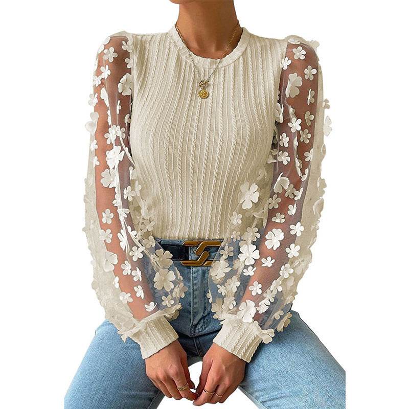 Women's Mesh Small Flower Chiffon Shirt - Summer Long Sleeve Luxury ladys shirt Distinguished Fine Apparel Khaki 2XL