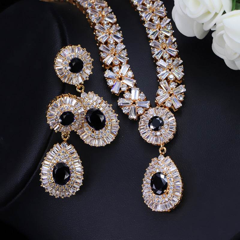 Elegant Zircon Necklace & Earrings Set – Classic Two-Piece Jewelry for Women jewelry set Distinguished Fine Apparel Golden black