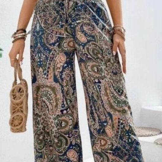 Bohemian Paisley Printed Wide leg Pants ladys pants Distinguished Fine Apparel Dark Blue S