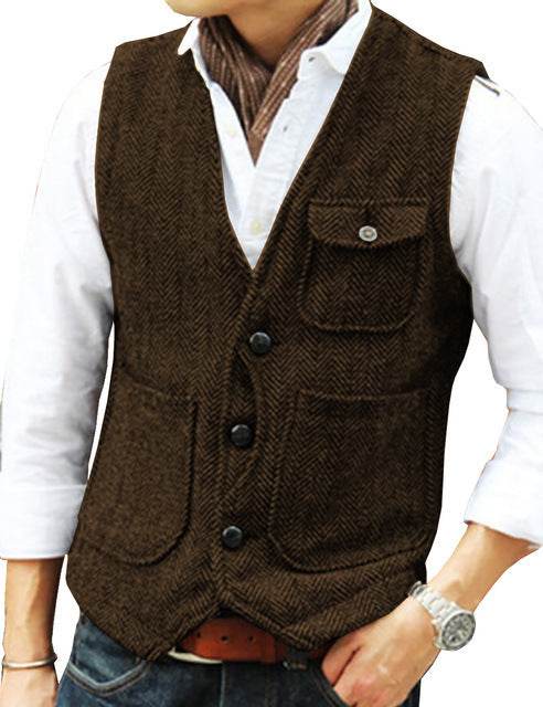 Herringbone Men's Suit Vest Vest mens vest Distinguished Fine Apparel Coffee 2XL