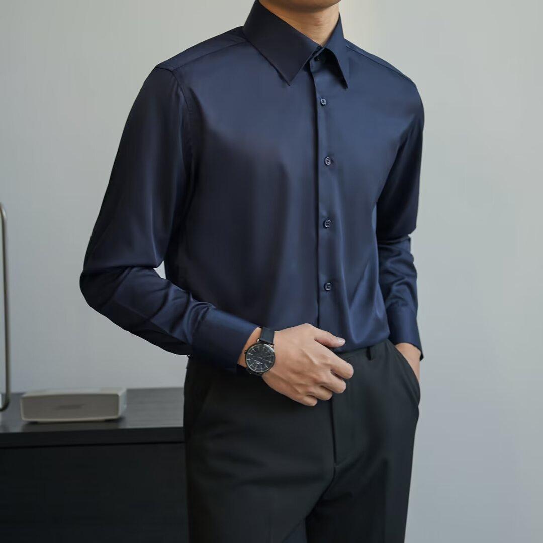 Autumn Black Shirt Men's Long Sleeve Slim Korean Style gents Shirts Distinguished Fine Apparel Dark Blue 2XL