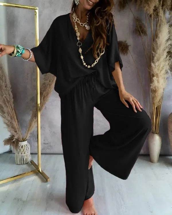 Professional Women's Bat Sleeve Top Plus Pants ladys pants Distinguished Fine Apparel Black 2XL