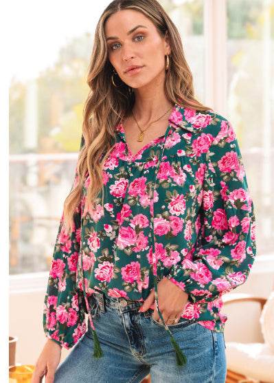 Beautiful Ladies Green Floral Printed Puff Sleeve Blouse - Puff Sleeve Elegance ladys shirt Distinguished Fine Apparel