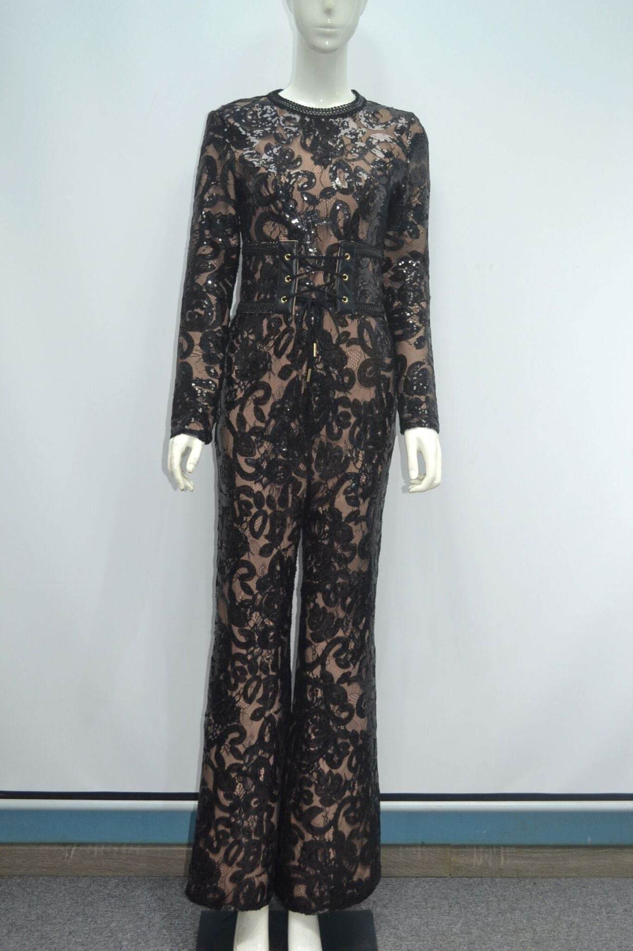 Elegant Ladies One Piece Embossed lace Suit - Flared Boot Leg - Exquisite ladys suit Distinguished Fine Apparel Black XS