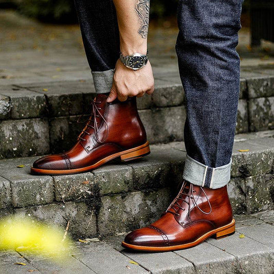 High-top Lace-up Men's Leather Boots - Genuine Leather British Style gents shoes Distinguished Fine Apparel