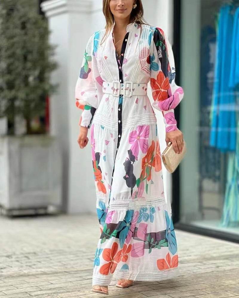 Women's Floral Printed Maxi Dress – Spring & Summer Boho Elegance ladys dresses Distinguished Fine Apparel White S