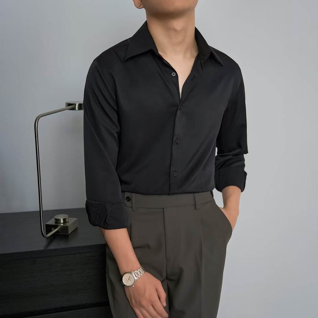 Autumn Black Shirt Men's Long Sleeve Slim Korean Style gents Shirts Distinguished Fine Apparel Black S