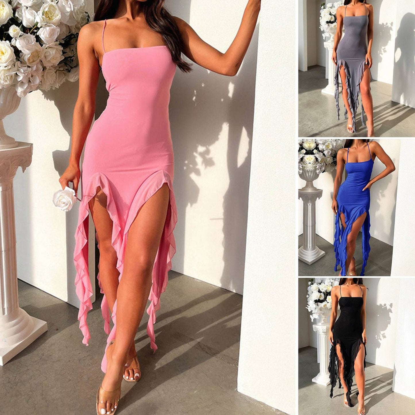 Women's Suspender Tight Slim Fit Split Ruffle Designer Dress - Trendy Clothing Beautiful Dress Distinguished Fine Apparel