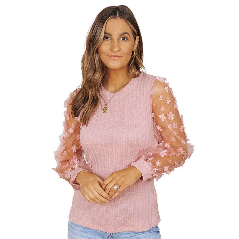Women's Mesh Small Flower Chiffon Shirt - Summer Long Sleeve Luxury ladys shirt Distinguished Fine Apparel Pink 2XL