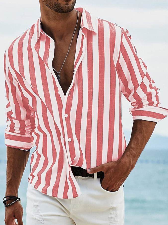 Men's Yarn-dyed Striped Casual Loose Long Sleeved Shirt Men's Shirts Distinguished Fine Apparel HDCS05 Red 4XL