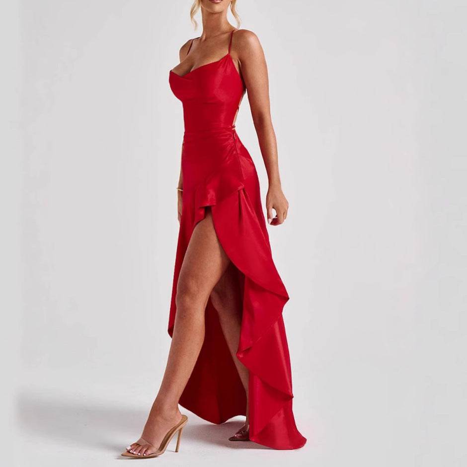 Women's Backless Ruffles Dress - Split Suspender Maxi Dresses - Evening Party Wear ladys dresses Distinguished Fine Apparel