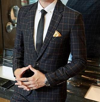 Men's Korean-style Business Suit Slim-fit Plaid Casual Wear gents suit Distinguished Fine Apparel Gray Coat only L