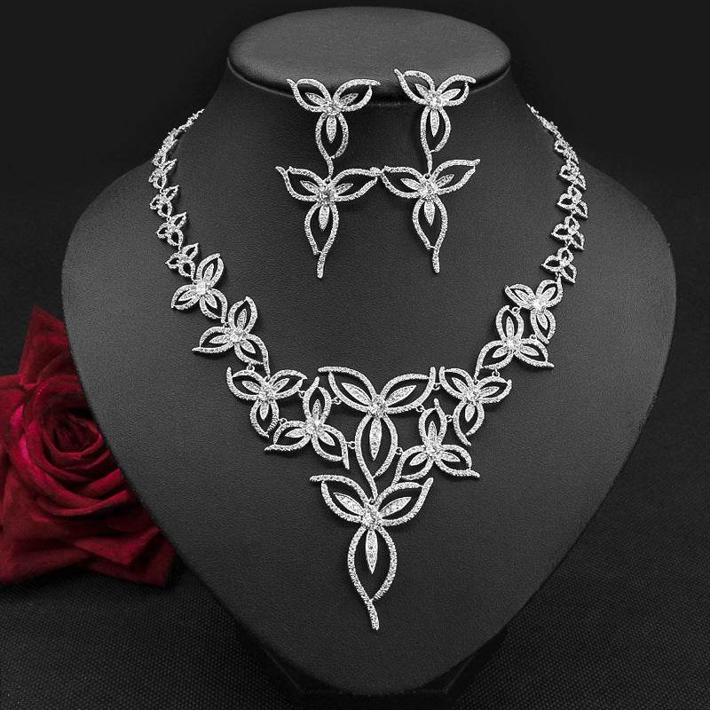 Flower Zircon Wedding Set - Elegant Necklace & Earrings for Romantic Brides jewelry set Distinguished Fine Apparel White