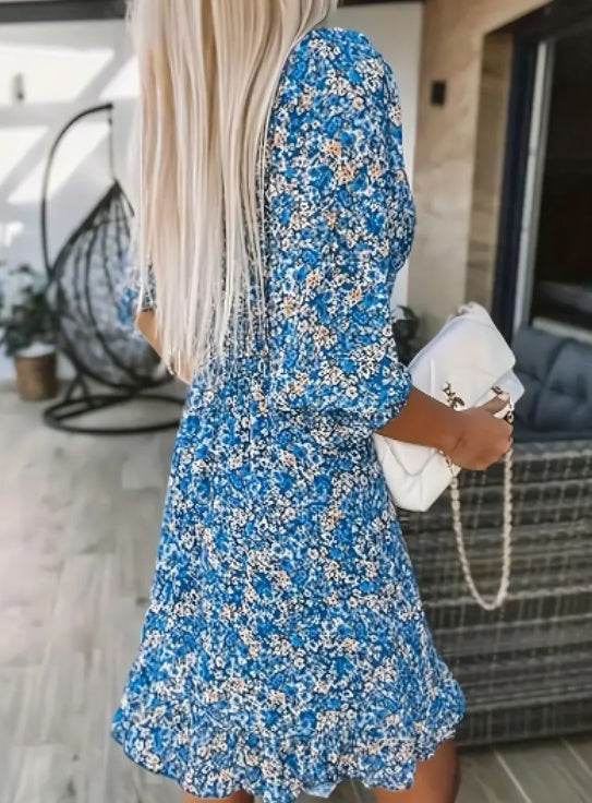 Ladies Beautiful V-Neck Floral Print Short Bubble Sleeve A-Line Dress ladys dresses Distinguished Fine Apparel