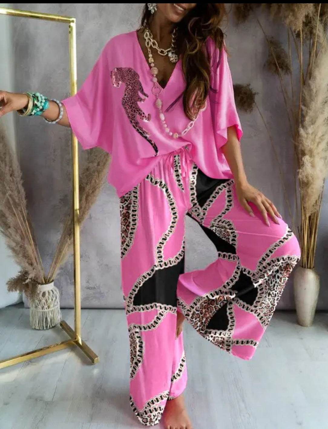 Professional Women's Bat Sleeve Top Plus Pants ladys pants Distinguished Fine Apparel Rose red 2XL