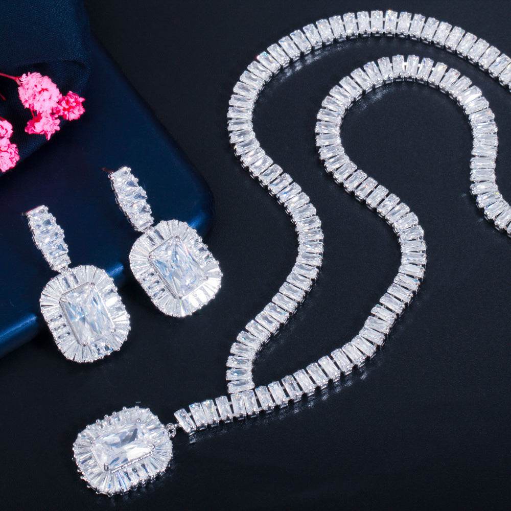 Platinum Zircon Earrings & Necklace Set – Elegant Sparkle for Any Occasion jewelry set Distinguished Fine Apparel