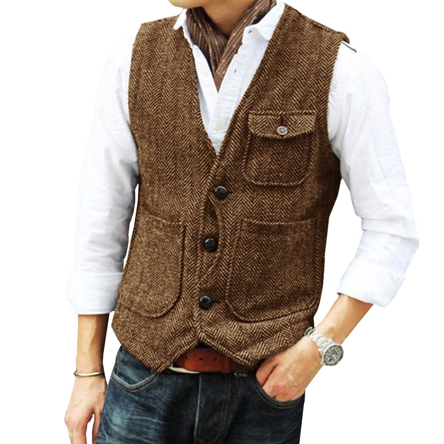 Herringbone Men's Suit Vest Vest mens vest Distinguished Fine Apparel Brown 2XL