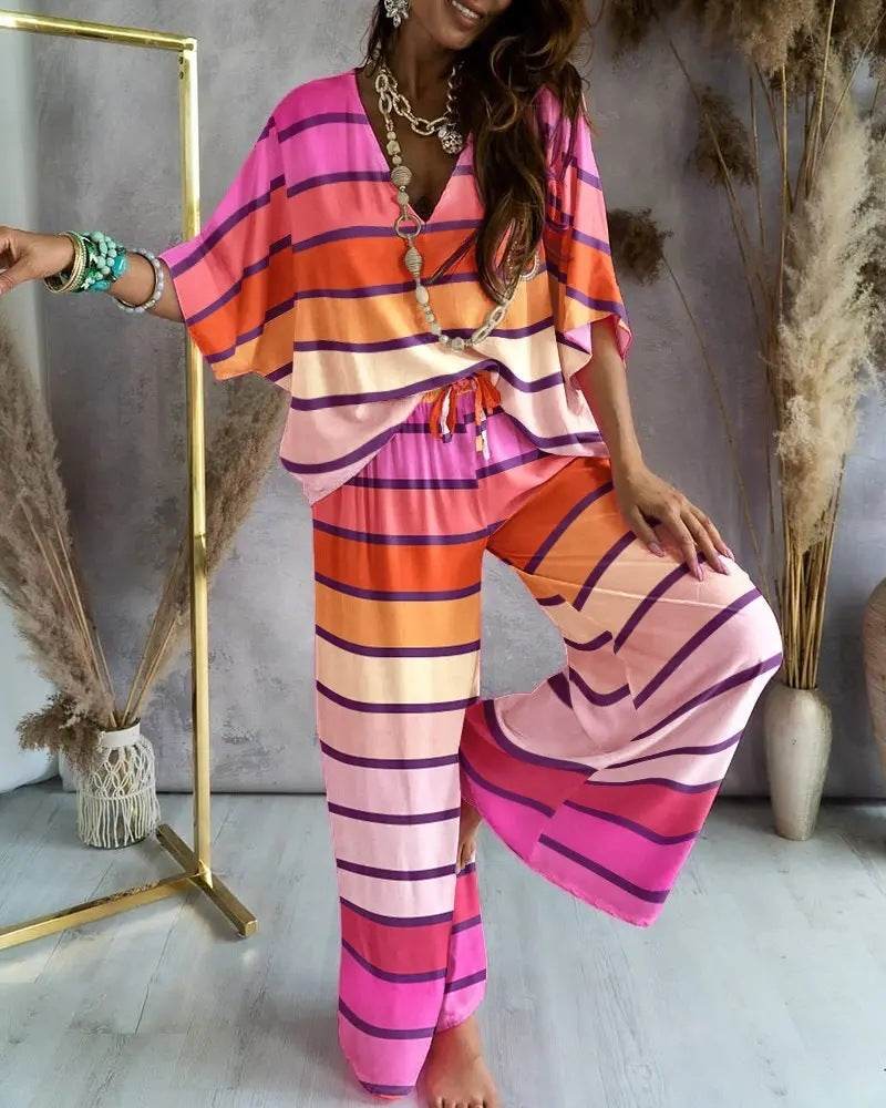 Professional Women's Bat Sleeve Top Plus Pants ladys pants Distinguished Fine Apparel Stripe 2XL