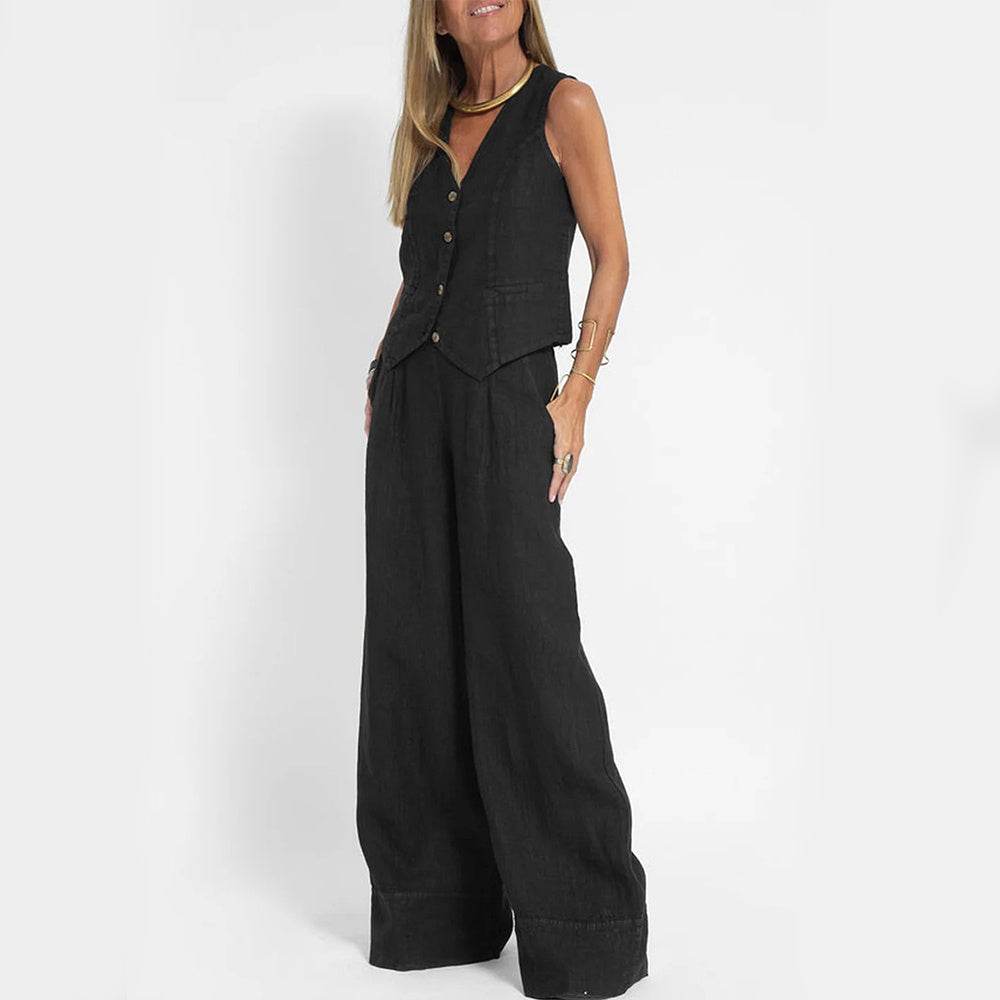 Ladies Summer Suit V-neck Sleeveless Top And Loose Trousers Casual Distinction ladys suit Distinguished Fine Apparel Black L