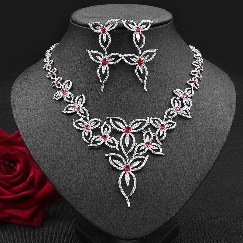 Flower Zircon Wedding Set - Elegant Necklace & Earrings for Romantic Brides jewelry set Distinguished Fine Apparel Red