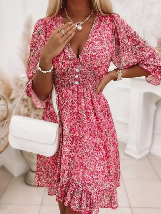 Ladies Beautiful V-Neck Floral Print Short Bubble Sleeve A-Line Dress ladys dresses Distinguished Fine Apparel