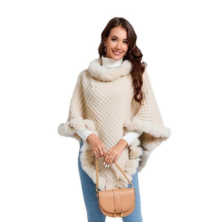 Women's Shawl Cape Luxury Rabbit Fur Collar - Graceful Cloak Outerwear lady's shawl Distinguished Fine Apparel