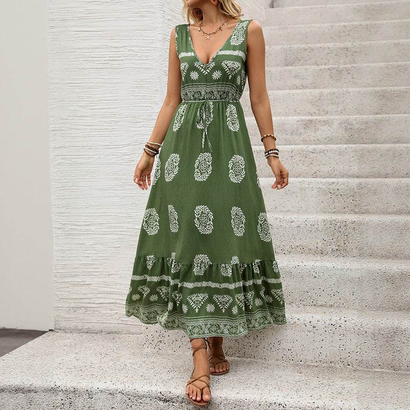 Holiday Printed Green Ethnic Style Casual V-neck High Waist Dress For Women ladys dresses Distinguished Fine Apparel