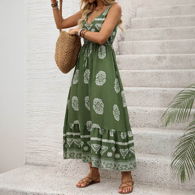 Holiday Printed Green Ethnic Style Casual V-neck High Waist Dress For Women ladys dresses Distinguished Fine Apparel