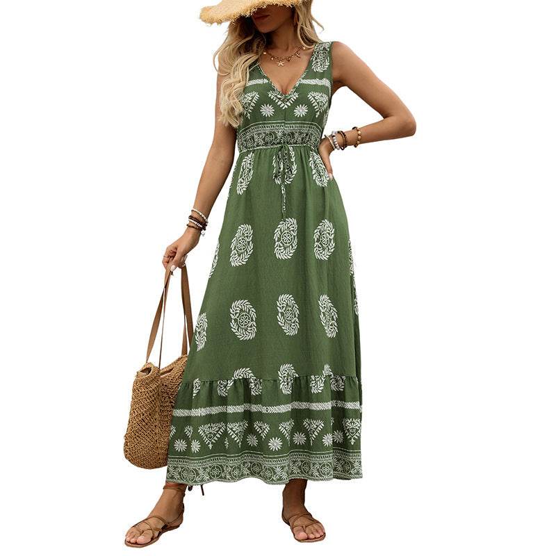 Holiday Printed Green Ethnic Style Casual V-neck High Waist Dress For Women ladys dresses Distinguished Fine Apparel