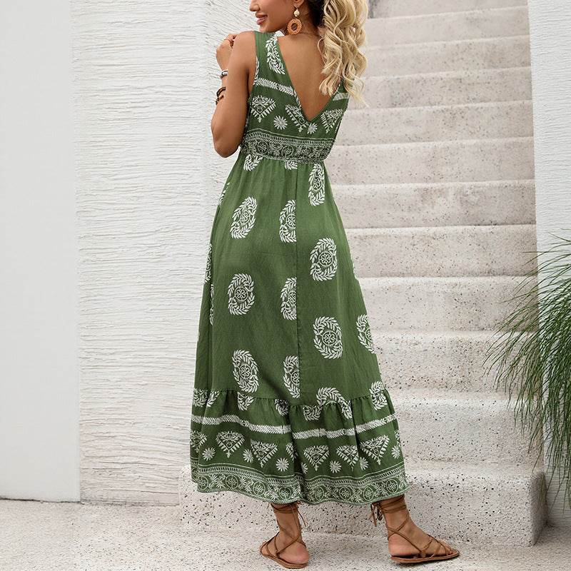 Holiday Printed Green Ethnic Style Casual V-neck High Waist Dress For Women ladys dresses Distinguished Fine Apparel