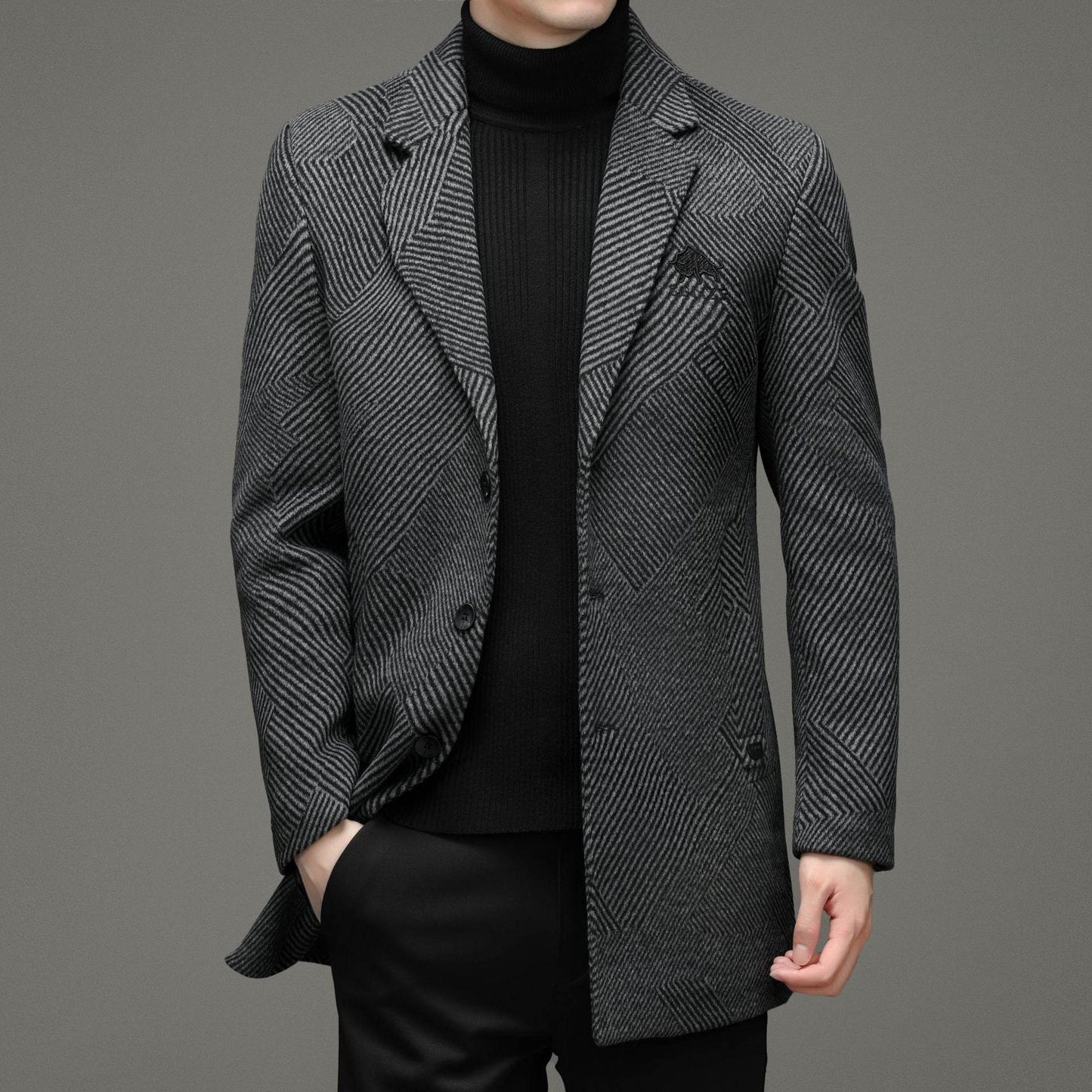 Excellence High Quality Men's British Tweed Coat - Warm Cashmere gents jacket Distinguished Fine Apparel Dark Grey 2XL
