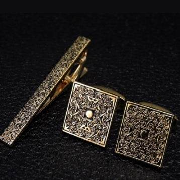 Gentlemen's Brass Golden Carved Cufflinks Tie Clip Set gents accessorys Distinguished Fine Apparel