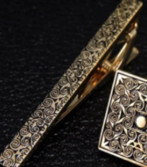 Gentlemen's Brass Golden Carved Cufflinks Tie Clip Set gents accessorys Distinguished Fine Apparel
