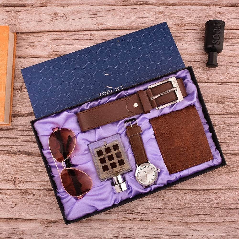 Men's Gift Box Set, Watch Sunglasses Wallet Perfume Belt gents wallet Distinguished Fine Apparel Style A