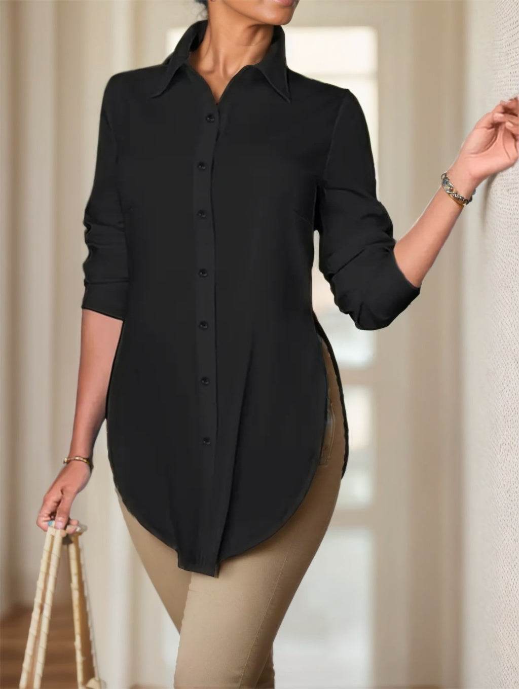 Elegant Ladies Sheer V-Drop Split Button Shirt - Distinguished and Tasteful ladys shirt Distinguished Fine Apparel Black S