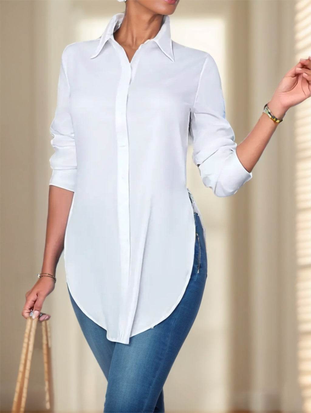 Elegant Ladies Sheer V-Drop Split Button Shirt - Distinguished and Tasteful ladys shirt Distinguished Fine Apparel White S