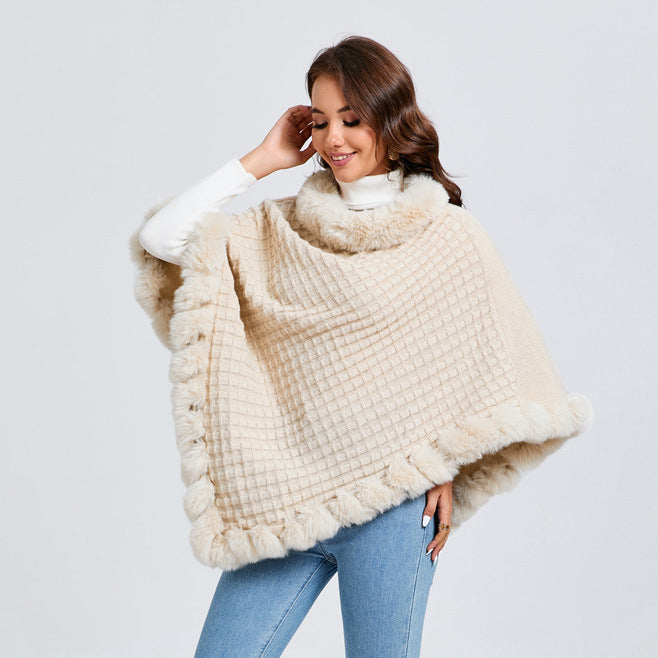 Women's Shawl Cape Luxury Rabbit Fur Collar - Graceful Cloak Outerwear lady's shawl Distinguished Fine Apparel