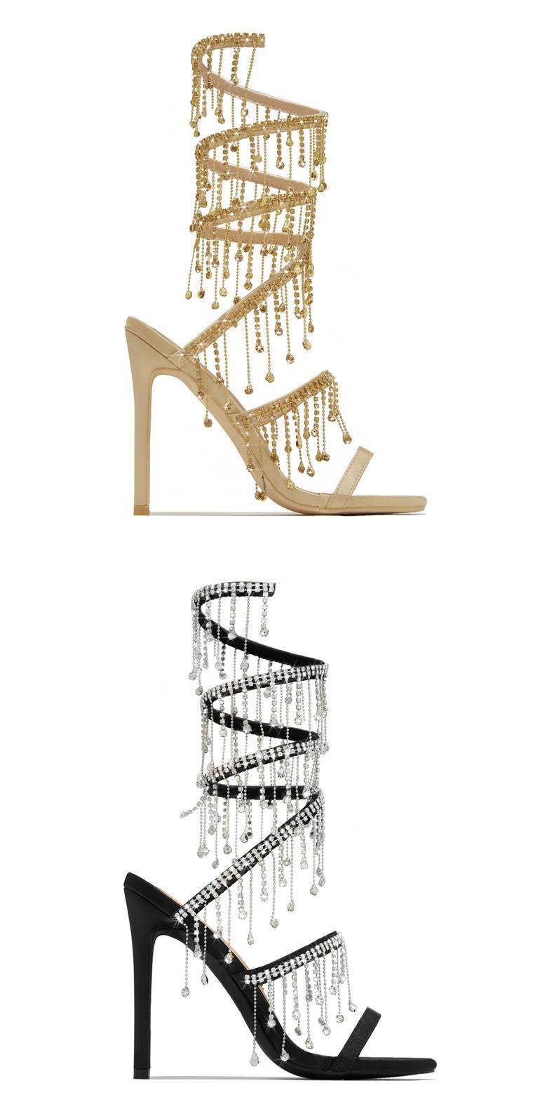 Black & Gold Satin Rhinestone Stiletto Sandals – 11cm Summer Rivet Heels ladys foot wear Distinguished Fine Apparel