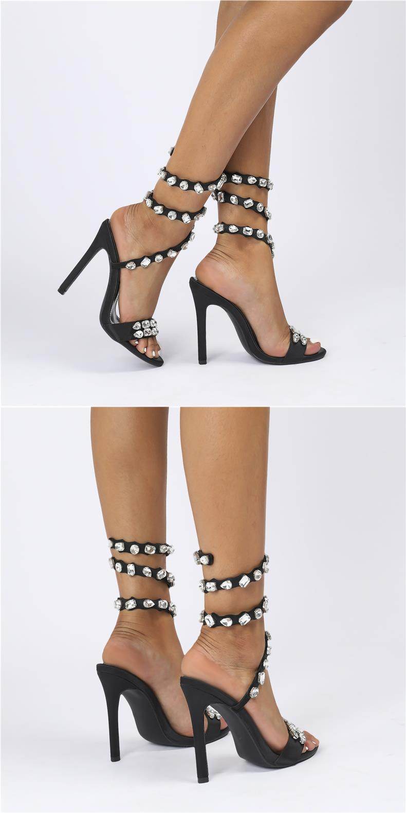 Black & Gold Satin Rhinestone Stiletto Sandals – 11cm Summer Rivet Heels ladys foot wear Distinguished Fine Apparel